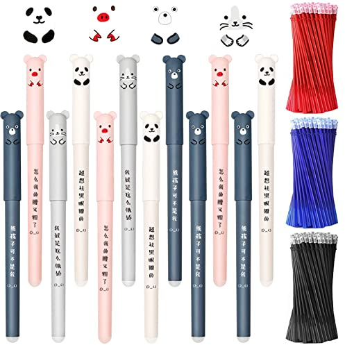 Meanju 12 Stück Cartoon Gel Ink Pen Gelschreiber mit 6 Blau + 6 Schwarz | + 6 Rot Nachfüllungen,Cartoon Radierbarer Kugelschreiber,Gelschreiber Süße Schweine Panda Gel Stift 0.35mm(Rot)
