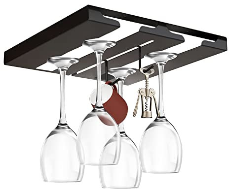 CKLHCFF Weinglashalter, weinglashalter hängend, Weinglashalter unter dem Regal Hängendes Weinglasregal Kein Stanzen Weinglashalter Für 4 Weingläser mit 2 Haken Für Korkenzieher Kaffeetassen (Schwarz)