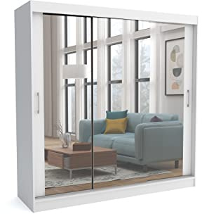 Brent - Kleiderschrank mit Schiebetüren Windsor David I 200x200x60 cm I mit Spiegel, Stangen und Einlegeböden für Kleidung I Laminierte Spanplatte I Aluminiumschienen I Weiß