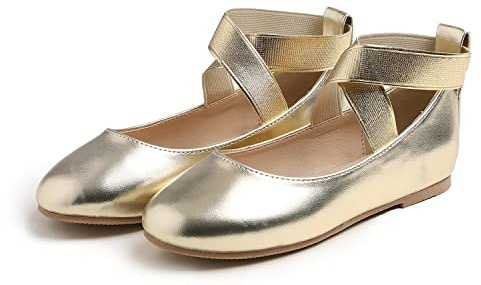 Feversole Girls Cute Dress,Ragazze Mary Jane Strap Scarpe Basse Ballerine da Principessa Scarpe da Scuola Piatte Oro 31 EU