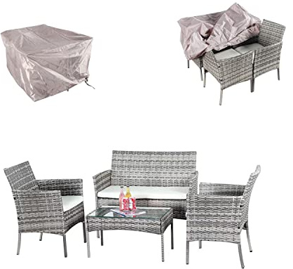 XEO HOME 4 Pc Rattan Garden Furniture Sets 4 Piece Indoor Outdoor Table and Chairs Set Balcony Patio and Conservatory Furniture Sofa Backyard Pool Side Coffee Seater (Mix Grey Rattan With Rain Cover)
