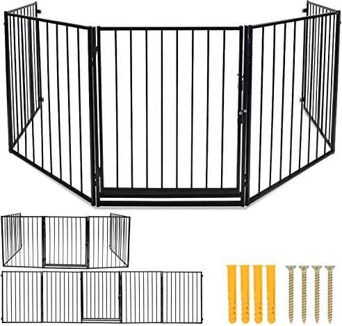 Tubiaz Barrière de sécurité avec Porte de 304 cm - 5 pièces - en métal - Barrière de Protection cheminée pour Enfants et Animaux domestiques Noir