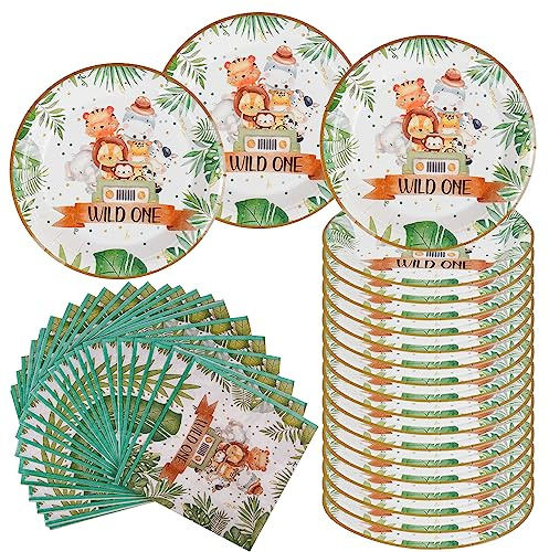AINIUNIU Wild One - Set de Vaisselle D'anniversaire - 40 pièces - Assiettes en Carton - Avec 20 Serviettes et 20 Assiettes en Carton - Motif Animaux de la Jungle - Pour Garçon et Fille