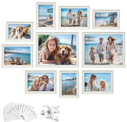 SONGMICS Bilderrahmen 10er Set, 16 Passepartouts, zwei 20 x 25 cm, vier 13 x 18 cm, vier 10 x 15 cm, aufhängen, aufstellen, Glas, 12 spurlose Wandhaken, weihnachten, wolkenweiß RPF049W01V1