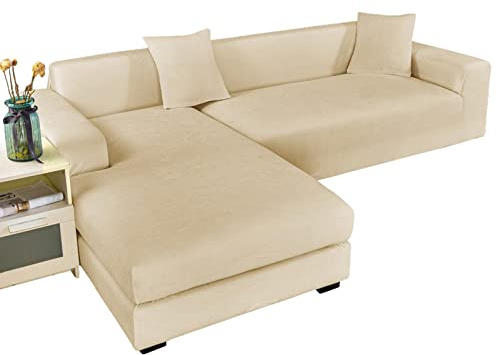 GUYIRT Strecken Sofabezug L Form Samt, L Form Sofa überzug 2 Stück Couchbezug L Form Weicher Möbelschutz Mit Elastischem Boden Für Hunde Und Katzen -Beige-4+4 Sitzer