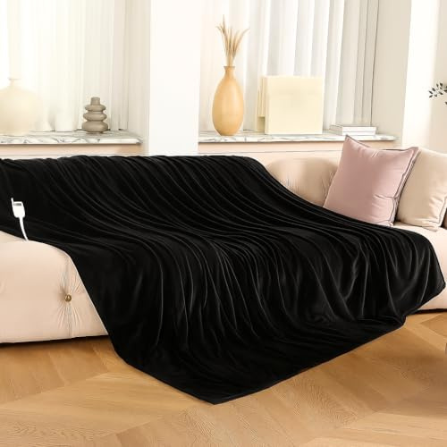 Thermal Fleece Electric Heated Throw Blanket Super Soft Flannel Velvet Faux Fur Mink Throw – 6 Heat Settings – Digital Controller – 4 Hours Auto Shut Off – 130x180cm (Black)