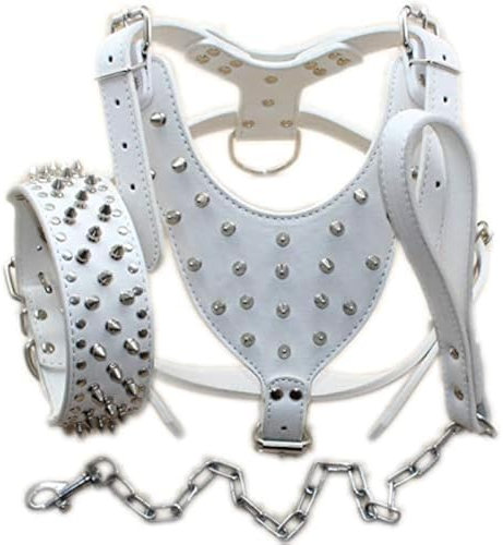 Serijoars Hundegeschirr und Halsband aus Leder, mit Nieten, geeignet für große Rassen, Pit Bull Terrier, Labrador, Dobermann, strapazierfähiges Ledergeschirr und Halsband-Leine, 3-teiliges Set