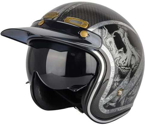Carbon Fiber Retro-Motorradhelm Halber Jethelm Mit Offenem Gesicht Rollerhelm Mit Visier, DOT/ECE-Zugelassener Mopedhelm Für Erwachsene Männer Und Frauen C,S