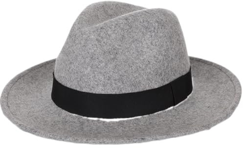 HEYANN Fedora Hut Herren Mode Filz mit breiter Krempe Wolle Filz Panama Hat Trilby Mütze für Herren und Damen Dress Hut Classic Wide Brim Filz Flat Fedora Hut (M, Grau)