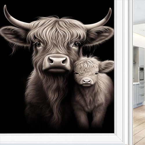 Natur Kuh Buntglas Fensterfolie Modern Niedlich Braun Tier Fenster Sichtschutzfolie Nicht Klebende Glasfolie Dekorative Statische Frischhaltefolie für Home Office 60 * 90cm