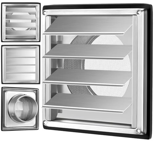 Grille ventilation 150mm Inox à Lames Mobiles-Filet Anti Insectes, Grille Aération Anti-Retour Automatique (150mm Grille de ventilation en acier inoxydable avec 4 lames mobiles)