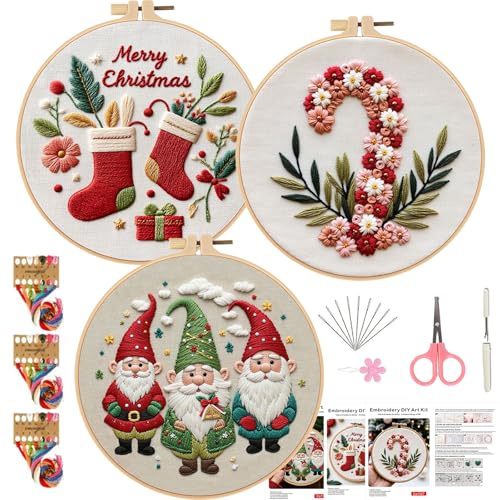 Smart-Feather 3 Sets Holiday-Stickerei-Kit für Anfänger, Handstickerei-Kits für Erwachsene mit Stickrahmen, DIY Kunstprojekt Bastelset (Saison)