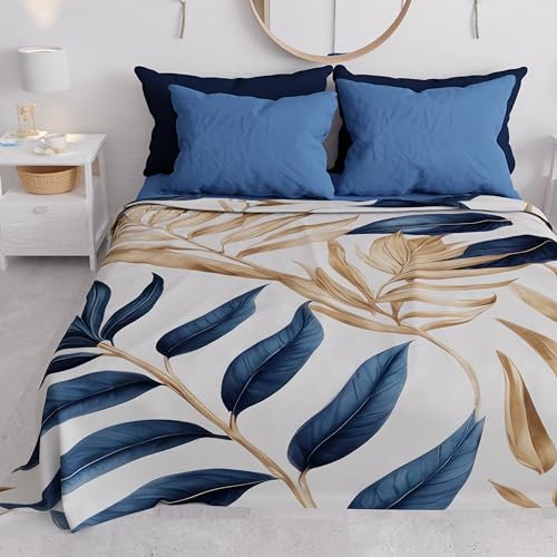 PETTI Artigiani Italiani - Couvre-Lit 260x250 cm Microfibre, Printemps Été, Parure de Lit Légère Double, Draps 2 Personnes, Floral Bleu Beige, 100% Fabriqué en Italie