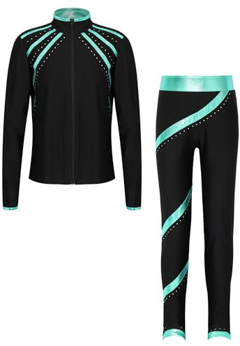 Manyakai Kinder Mädchen Eislauf Outfit Langarm Strass Glitzer Eiskunstlauf Jacke Mit Reißverschluss Streifen Patchwork Turnhose Leggings Dancewear Blau Grün 158-164