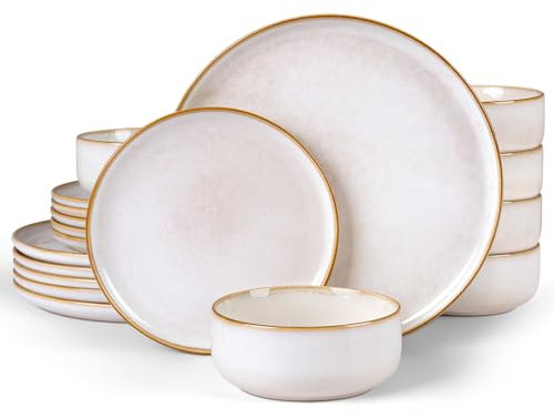 Set di stoviglie per 6 persone, onader, 18 pezzi, servizio da tavola in gres porcellanato, 6 piatti piani, piatti da dessert, ciotole per cereali, lavabili in lavastoviglie, colore: beige perla