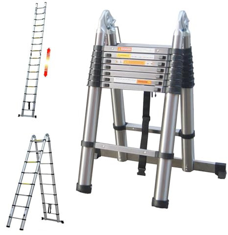 Teleskopleiter 5m Klappleiter mit Stabilisator & Rutschfesten Füßen, Mehrzweckleiter Trittleiter aus hochwertigem Edelstahl - Belastbarkeit bis zu 150kg, Leiter für Haushalt und Arbeiten im Freien