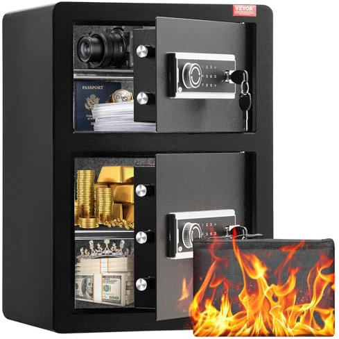 VEVOR Doppeltüriger Safe 99,1 l mit Schlüsselschloss und Passwort, feuerfeste Tasche, Schlüsselanhänger, LED-Licht, 2 verstellbare Trennwände für Geld, Dokumente, Schmuck, Schwarz