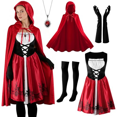Cappuccetto Rosso Donna, Mantello del Costume Carnevale Adulti Mantello Rosso con Cappuccio Pizzo Abito lungo Cappuccetto Rosso per Festa a Tema Cosplay di Carnevale Abbigliamento da Festa Festivo
