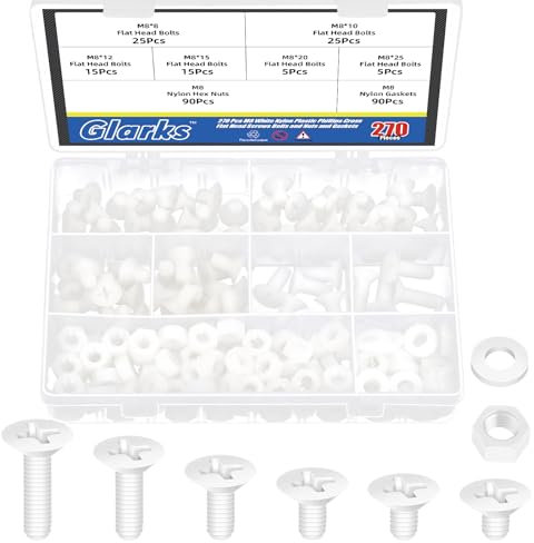 Glarks 270pcs M8 x 8/10/12/15/20/25MM Nylon Phillips Countersunk Head Bolt Machine Screw, White Phillips Cross Flat Head Machine Screws Bolts for Various Industrial Fastening Applications