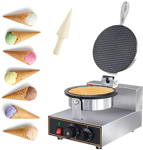 Gaufrier à Cornets, Machine à Gaufres à Cornets De CrèMe GlacéE Professionnelle Commerciale 1200 W, Fer à Gaufres Rond En Acier Inoxydable éLectrique, RevêTement AntiadhéSif,Single-110V