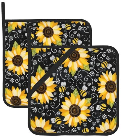 Set di 2 presine a forma di ape girasole, da cucina, per cuocere a microonde, servire il forno e grigliare