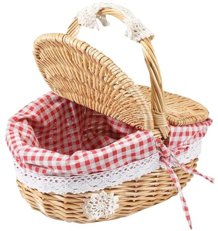 TECKZOON Weide Picknickkorb, Tragbarer Picknickkorb für den Außenbereich mit Deckel und Griff, Geflochtener Weidenkorb Praktischer Ovaler Rattan Aufbewahrungskorb für Picknick und Einkauf