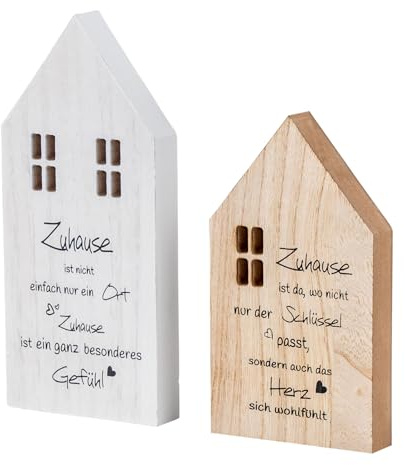 levandeo 2er Set Deko Häuser Aufsteller Zuhause Spruch MDF Holz Natur Weiß Tischdeko Geschenk Wohndekoration Glück