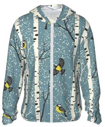 Betulle innevate e Uccelli su Verde Acqua Chiaro,Giacca con Cappuccio con Protezione Solare, Leggera, a Maniche Lunghe, per Esterni,S
