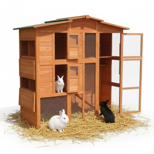 Mucola Hasenstall Kaninchenstall mit Freilaufgehege 171x80x166 cm Holz | 2 Nestboxen mit 4 Nistplätzen, 2 Rampen, Fichtenholz, abschließbare Türen, geeignet als Hühnerstall und für Kaninchen