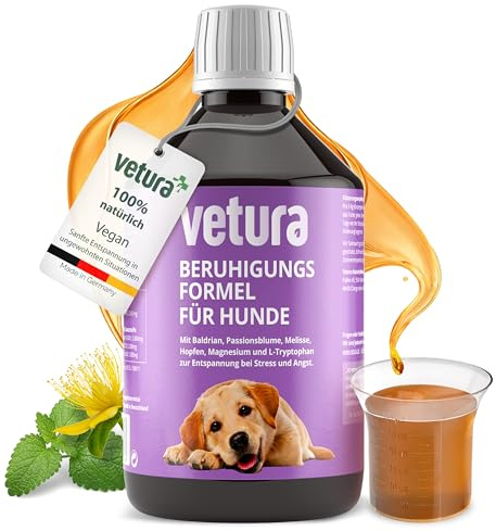 Vetura Beruhigung Hund 500ml - Baldrian, Kräuter & Magnesium bei Stress | Für stressige Situationen: Reisen, Silvester, Gewitter oder Veränderungen im Alltag – auch für geräuschempfindliche Hunde.