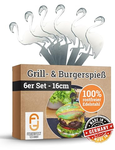 Feuerfest 123 Burger-Spieße mit Flamingo-Motiv I 6 Stück I 16 cm I Hochwertige Grillspieße aus rostfreiem Edelstahl I Stilvolle Metallspieße für Burger, Sandwiches, Gemüse & Fingerfood