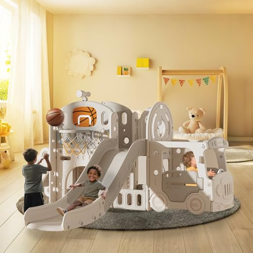 Kakbgee 8 in 1 Scivolo per Bambini, Mini Bus, 2M HDPE Scivolo da Giardino - con Corrimano, Gradini Antiscivolo, Tunnel, Spazio di Archiviazione, Parco Giochi per Interni/Esterni, 6+Mesi, Grigio