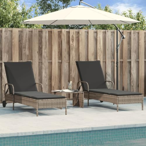 Qnhdfrt Sonnenliege aus PE-Rattan mit Verstellbarer Rückenlehne und Rollen, Grau, inkl. gepolsterter Kissen Garten, Balkon oder Strand