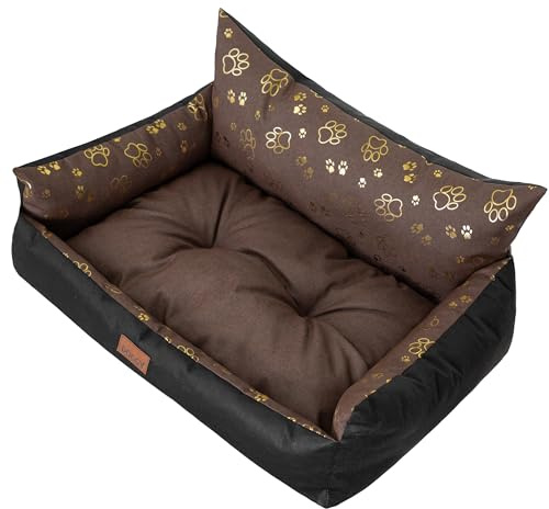 DOGGY Hundebett - Hundekorb für kleine mittelgroße & große Hunde – Haustierbett – Hundesofa – Hundematratze - Tierbett - XL 82x63 cm - Braun mit Pfoten
