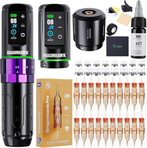 Dragonhawk Kit Tatuaggi L3, Set Completo Pistola Per Tatuaggi | Potente Motore Mcore, 2 Batterie, Cartucce Per Artisti, Colore Viola