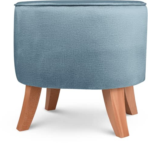 MG Design Ovaler Samt-Hocker 42 x 52 cm in Blau mit Holzbeinen – Gepolsterter Fußhocker für Wohnzimmer oder Schlafzimmer