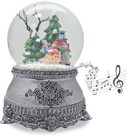 Sfera di neve di Natale con musica, palla di neve, passeggiata invernale con famiglia, base effetto peltro, larghezza 100 mm, altezza 140 mm, carillon meccanico, decorazione natalizia | 20316