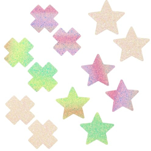 Lot de 6 paires de cache-tétons autocollants, style paillettes, en forme d'étoile ou de croix, imperméables, invisibles et fins, Autocollants sexy pour la poitrine pour femmes et filles