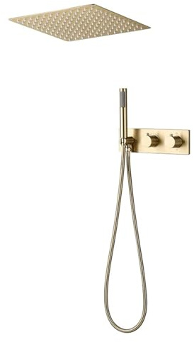 FQYEP Colonna Doccia Termostatico Incasso con 30X30Cm Soffione Doccia Doppia Funzione Ottone,Oro Spazzolato