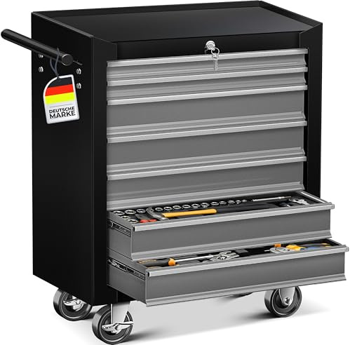 MASKO® Carro de taller con ruedas con 7 cajones con cerradura, carrito móvil para almacenamiento de herramientas con cerradura y cajones de rodamientos, estable taller de metal macizo, negro/gris