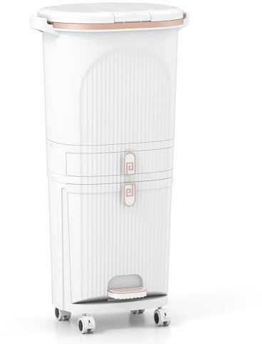 GOPLUS Cubo de Basura de Cocina de 42 L, Clasificación de 3 Niveles,Blanco | con 2 Cubos Interiores, Cajón, Compartimento Inclinable, Tapa, Asas y Pedal, Contenedor de Residuos para Salón, Baño