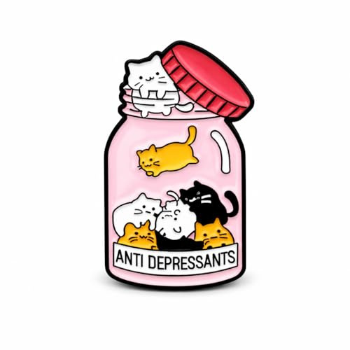 Healing Cat in a Jar Pin - Anti Depressants Enamel Pins Brooch for Backpacks, Jackets, Hats. Gentle Mental Health Brooches Gift for Women, Family, Friends, Teens