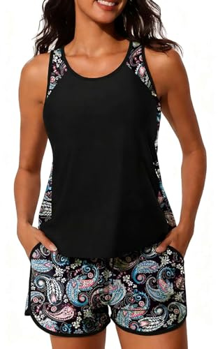 Yutdeng Costume da Bagno a Due Pezzi Tankini Donna Mare Blouson Top da Bagno Push Up e Pantaloncini a Vita Alta con Coulisse Tasche retrò Fiore Stampa Costumi da Mare Spiaggia Piscina
