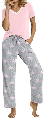 PrinStory Women's Pyjama Set Nightwear V-Neck Loungewear Tops and Loose Fit Wide Leg Trousers with Pockets (Pink Star, XL)