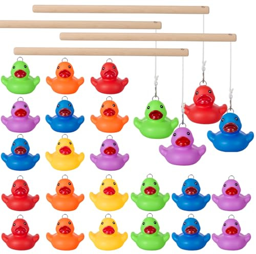 Civaner Duck Pond Matching Carnival Game Hook a Duck Set, 28 Pcs | Rainbow Rubber Ducks with Hanging Loops, Pole and Line for Water Play, Wedding, Birthday, Family Gathering, Backyard Activity
