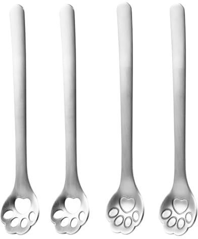 SHINEOFI Lot de 4 Cuillères à Café en Acier Inoxydable 304 Motifs Pattes de Chat, Manches Longs, Finition Argentée, pour Café, Thé Glacé et Cocktails, Set Pratique pour Maison
