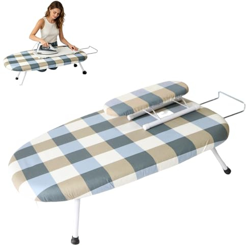 Klappbares Bügelbretter mit Bügeleisenablage, Tragbares Tisch Bügelbrett | mit Rutschfesten Füßen, Kleines Beweglichem Ärmelbügel für Ärmel, Kragen und Manschetten, 61 x 37 cm, Karomuster