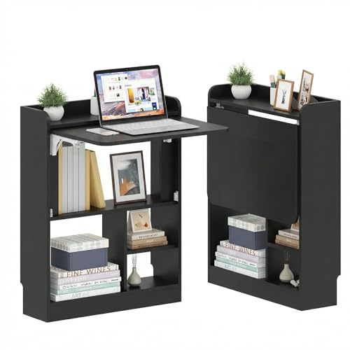 Hausright Schreibtisch Klappbar, Wandschreibtisch mit Ablagen & Regalfächern, Schwebender Laptoptisch & Klappbarer Wandtisch, Platzsparender Computertisch für Homeoffice & Büro, 64x20x82cm (Schwarz)