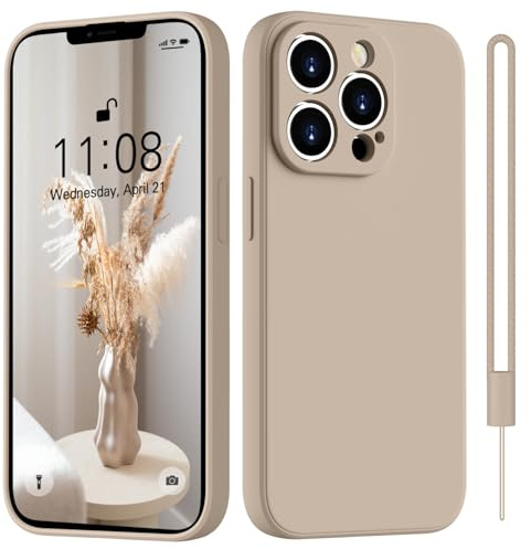 HGH for iPhone 13 Pro Case Silicone With Lanyard, Khaki | [Camera All-Round Protection] [Soft Microfiber Lining Anti-Scratch] Full Covered Shockproof