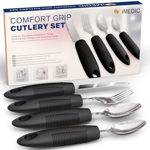 iMedic Easy Grip Cutlery for Arthritic Hands Black (1 Pack) – Adaptive Utensils Designed to Support Disabled Adults – Weighted Tableware Set – Caring Aid for Tremors, Parkinson’s